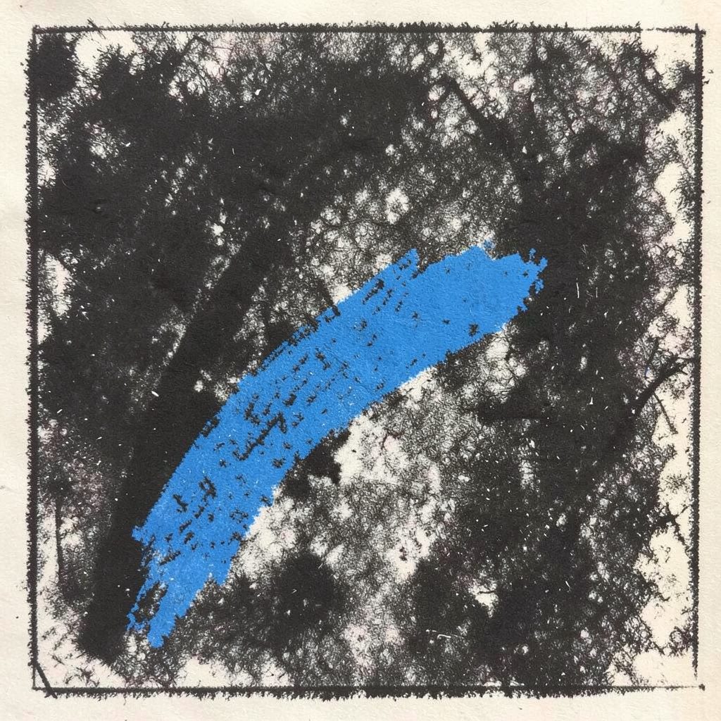 Bold charcoal drawing of a stacked archive box with a folder tab, dark charcoal tones with a subtle electric blue rim light, orderly and technical mood