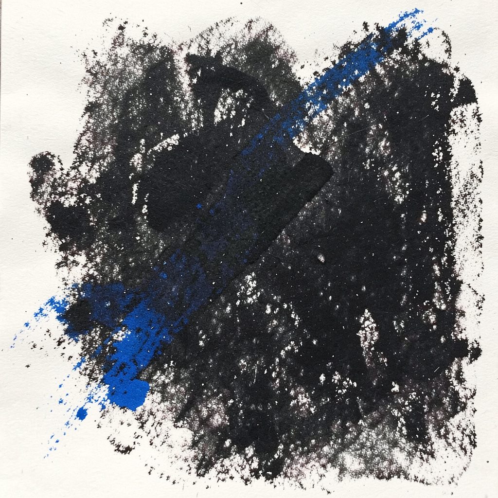Bold charcoal drawing of a speech bubble and discussion thread icon, dark grey background with crisp white outlines and an electric blue highlight, conversational mood